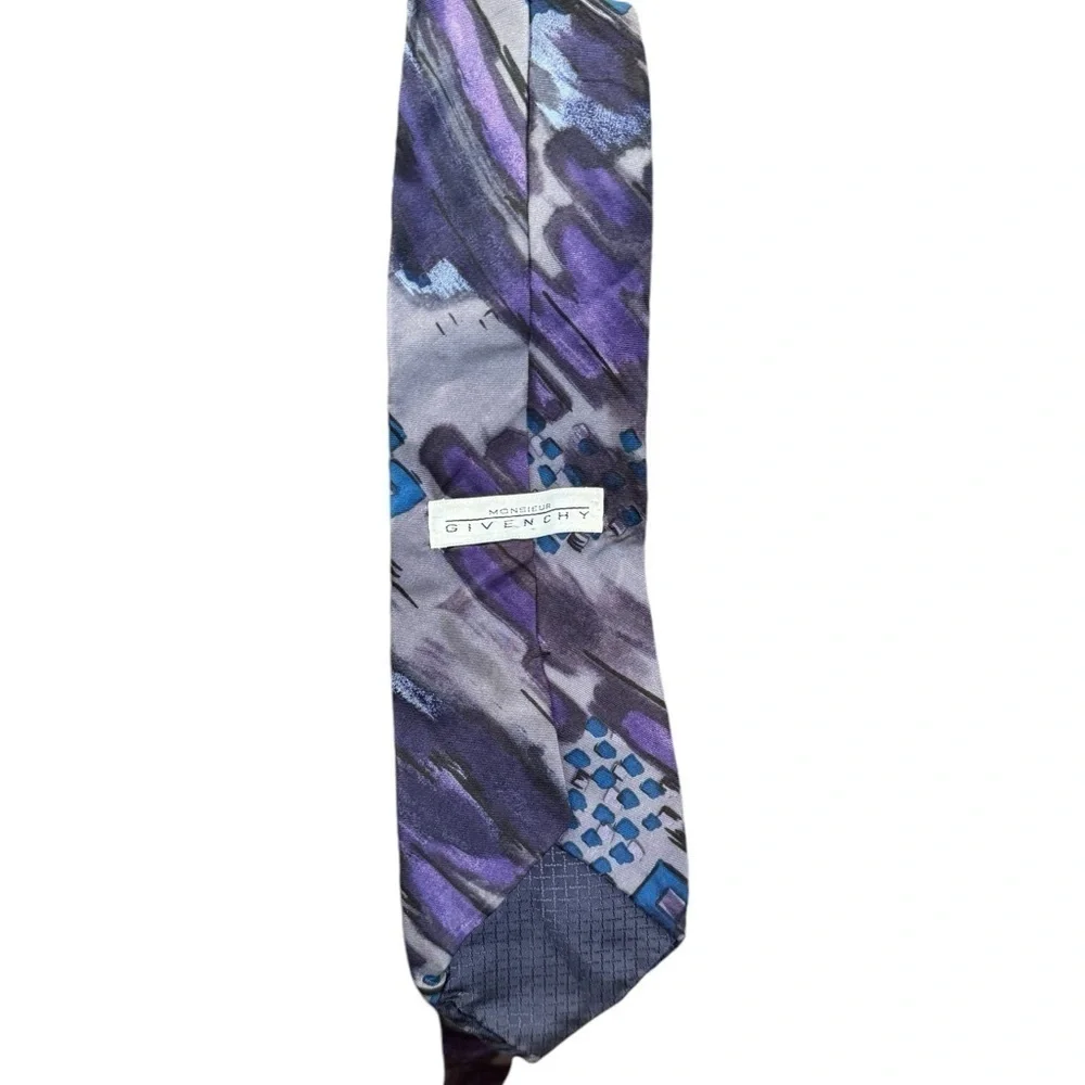 Monsieur Givenchy Vintage Blue Gray Geometric Silk Tie Made in USA